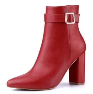 Allegra K PU Pointed Toe Buckle Decor Heel Ankle Booties